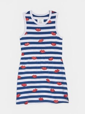 Tiny Tribe Girls Lip Print Stripe Tank Dress Blue White Red Size 5